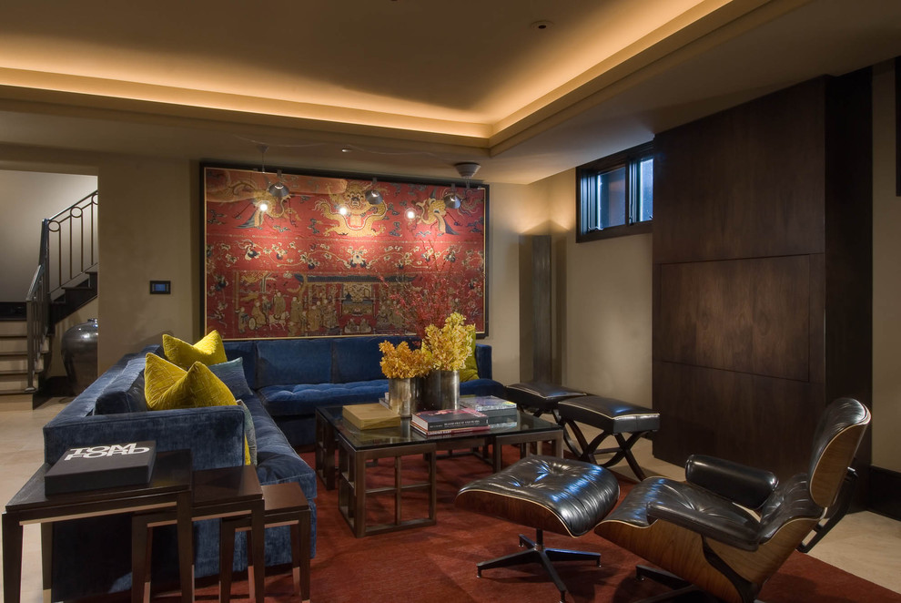 This is an example of a contemporary games room in Dallas with beige walls and a concealed tv.