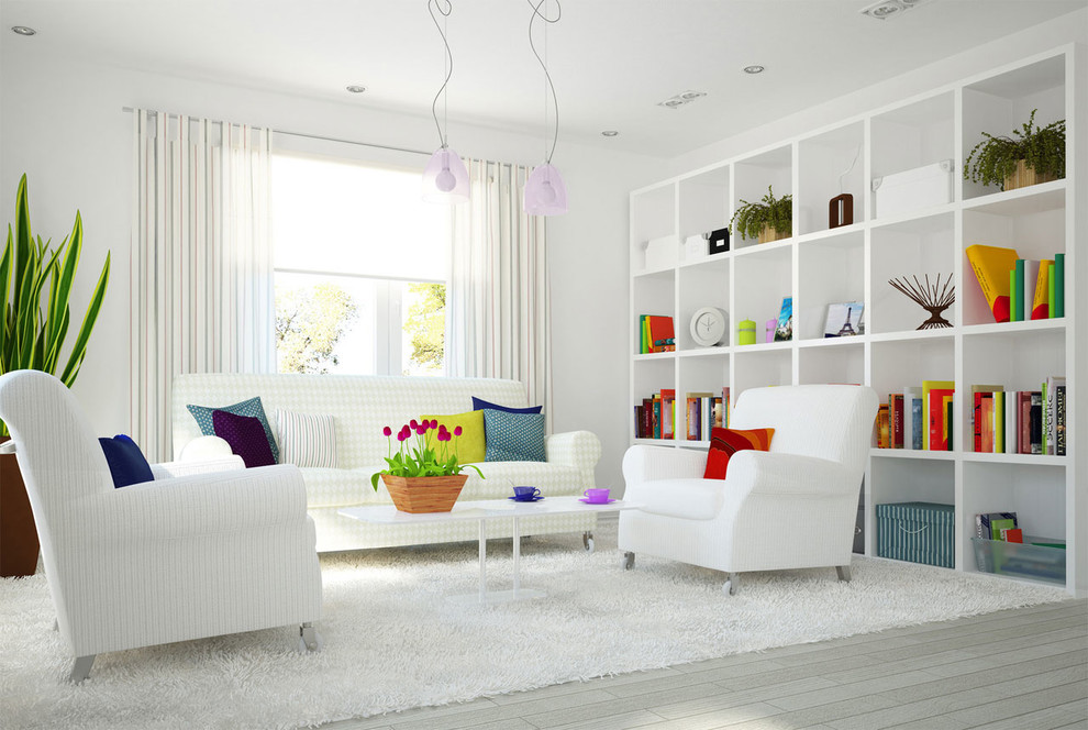 Immagine di un piccolo soggiorno minimalista chiuso con libreria, pareti bianche, parquet chiaro, nessun camino, nessuna TV e tappeto