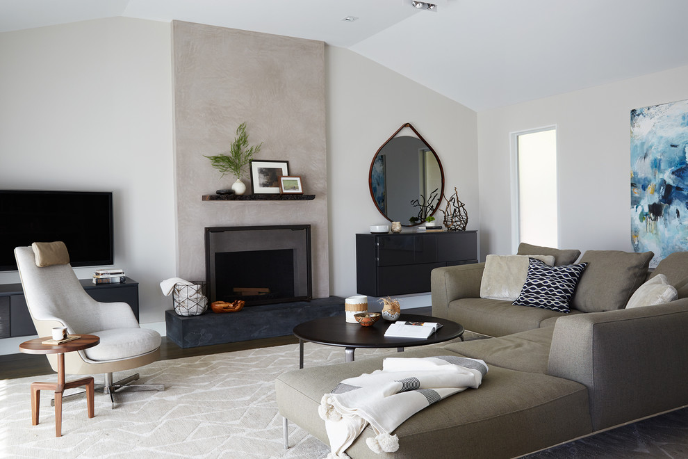 Imagen de sala de estar cerrada contemporánea grande con paredes grises, todas las chimeneas, televisor colgado en la pared, suelo de madera oscura, suelo marrón y alfombra