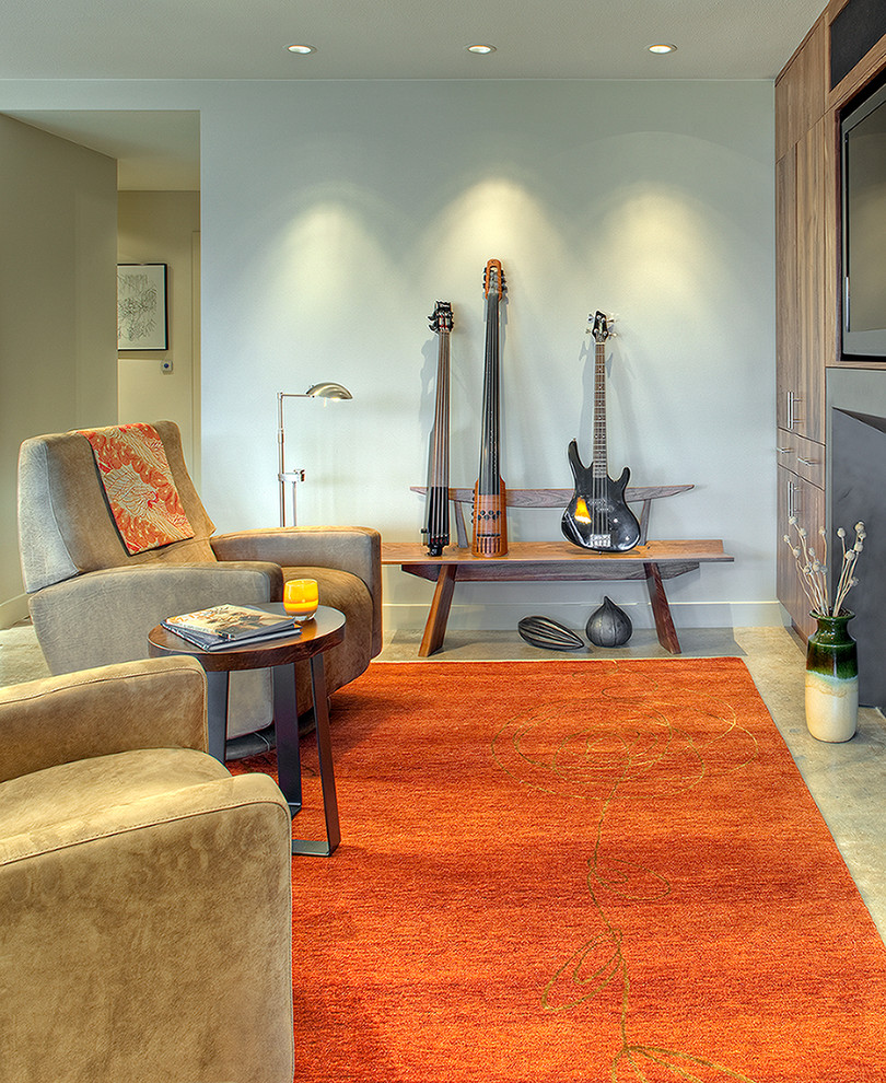 Пример оригинального дизайна: гостиная комната в современном стиле с музыкальной комнатой, бетонным полом и мультимедийным центром