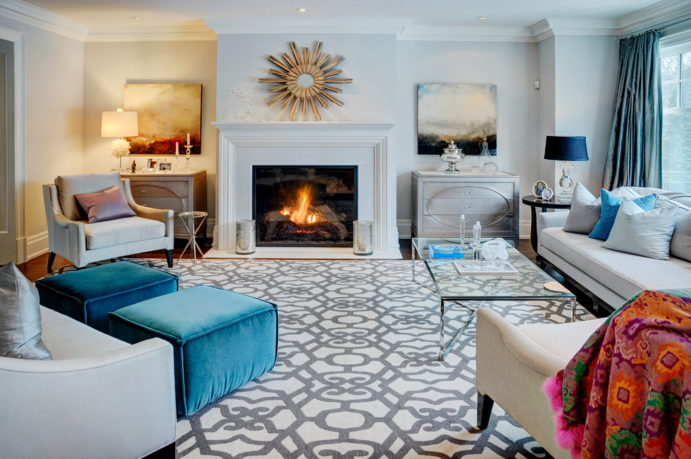 Trendy family room photo in Toronto with gray walls and a standard fireplace