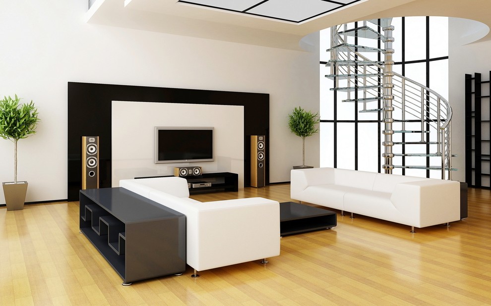 На фото: изолированная гостиная комната среднего размера в стиле модернизм с белыми стенами, светлым паркетным полом, телевизором на стене, музыкальной комнатой и коричневым полом без камина