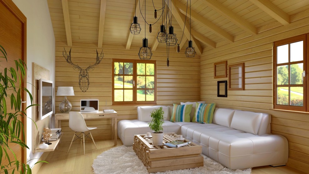 Foto de sala de estar cerrada nórdica de tamaño medio sin chimenea con paredes marrones, suelo de madera clara, televisor colgado en la pared y suelo marrón