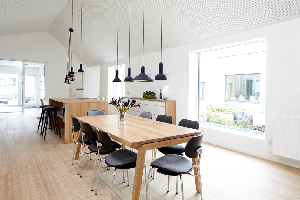 Inspiration for a large scandinavian light wood floor dining room remodel in Copenhagen with white walls
