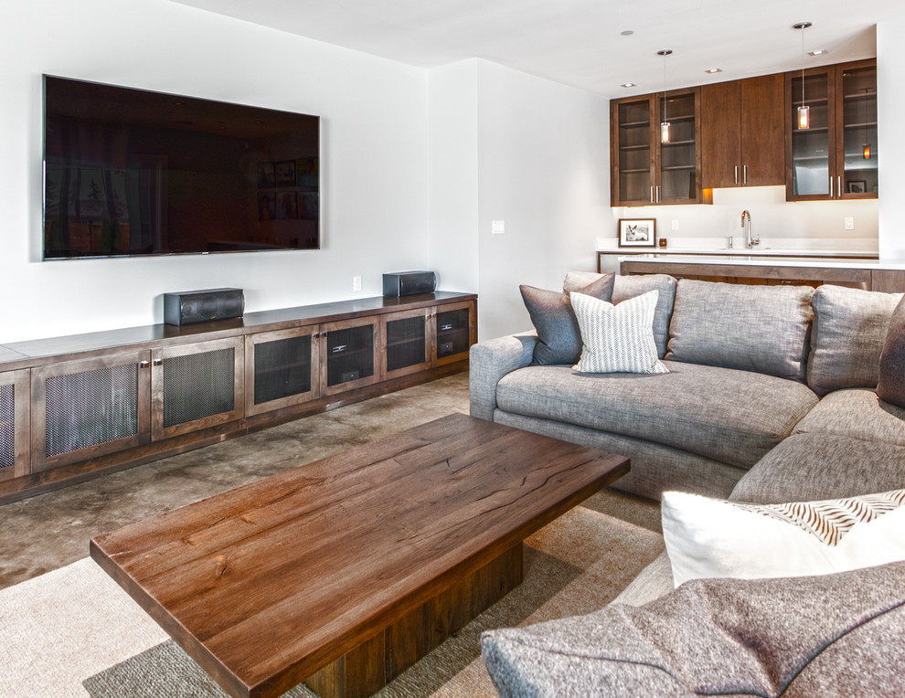Diseño de sala de estar con barra de bar cerrada contemporánea grande sin chimenea con paredes blancas, suelo de cemento, televisor colgado en la pared y alfombra