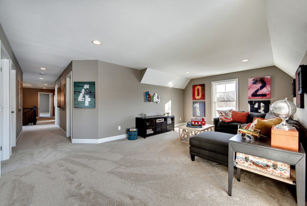 Large transitional loft-style carpeted family room photo in Minneapolis with gray walls, no fireplace and no tv