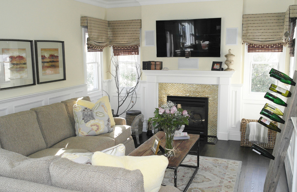 Beach style open concept dark wood floor family room photo in New York with a standard fireplace, a wood fireplace surround and a wall-mounted tv