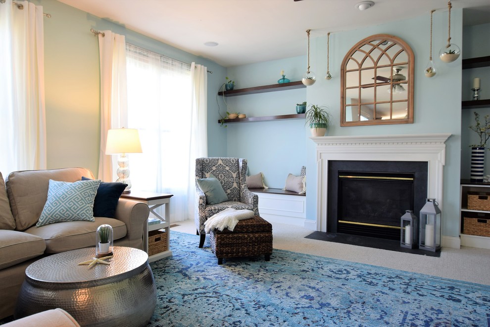 Family room - mid-sized coastal open concept carpeted family room idea in DC Metro with blue walls, a standard fireplace, a wood fireplace surround and a wall-mounted tv