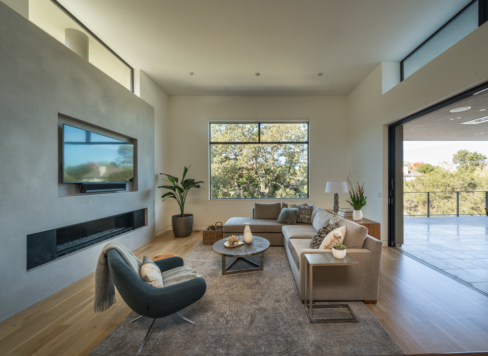 Family room - contemporary light wood floor and brown floor family room idea in San Francisco with white walls, a ribbon fireplace and a wall-mounted tv