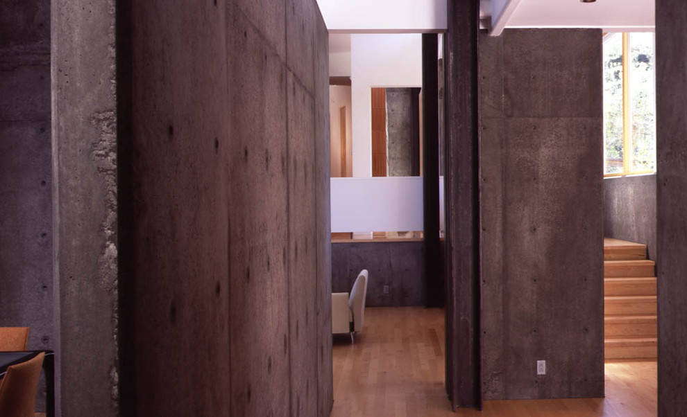 Идея дизайна: гостиная комната в стиле модернизм с белыми стенами, светлым паркетным полом и коричневым полом
