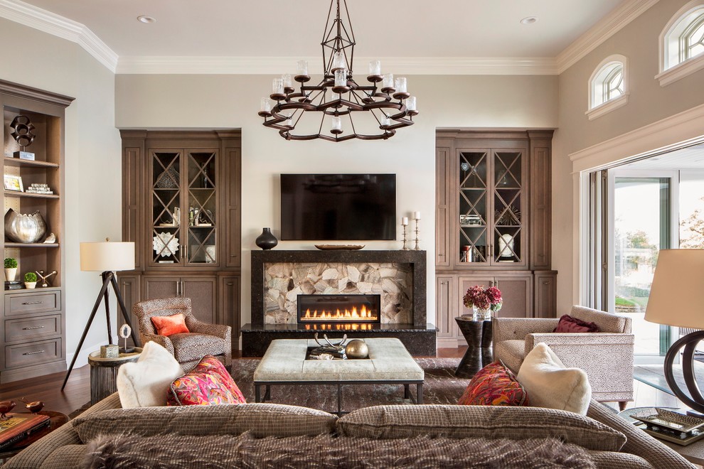 Mid-sized elegant family room photo in San Francisco with gray walls, a stone fireplace, a wall-mounted tv and a ribbon fireplace