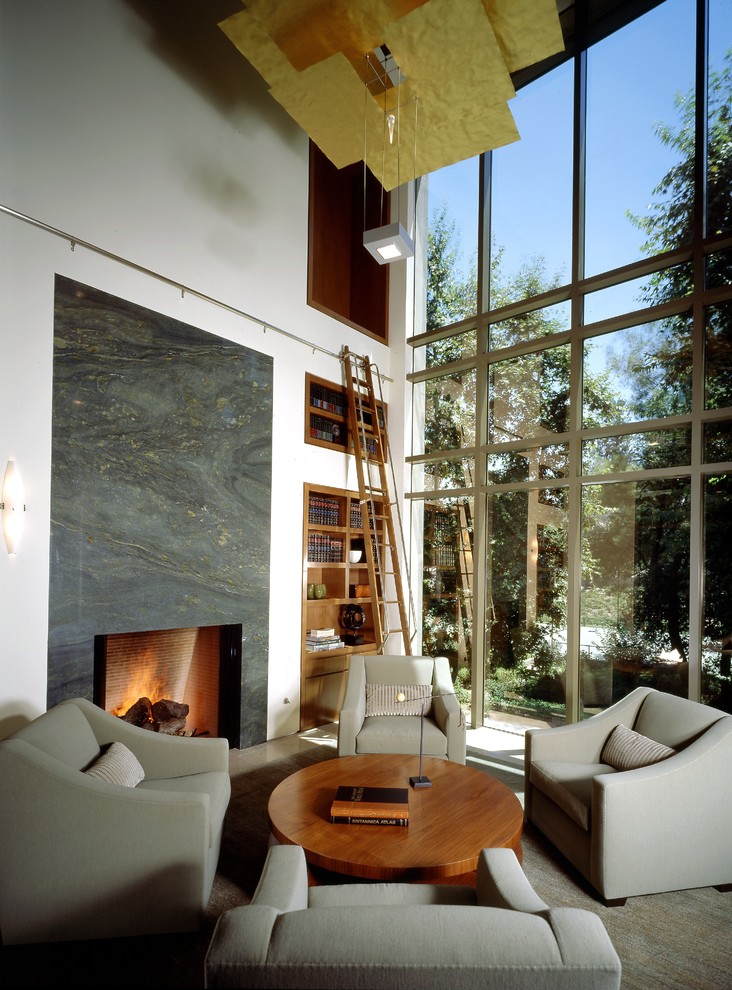 Esempio di un soggiorno design aperto con libreria, pareti bianche, moquette, cornice del camino in pietra, camino classico e nessuna TV