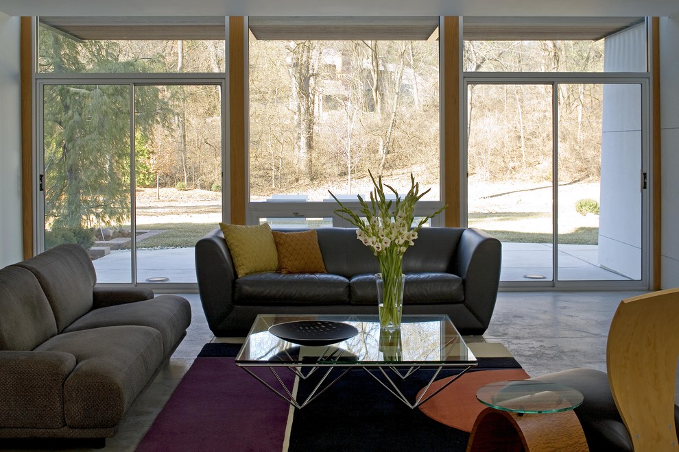Foto de sala de estar abierta minimalista con paredes blancas, suelo de cemento, todas las chimeneas y televisor colgado en la pared