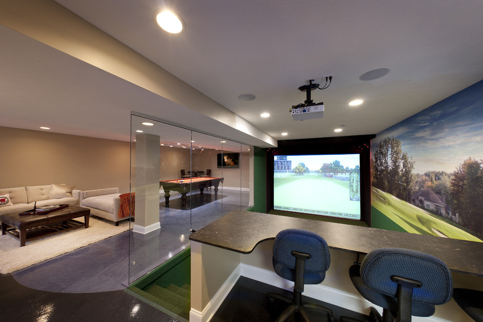 Medium sized contemporary open plan games room in Cleveland with beige walls, concrete flooring and blue floors.