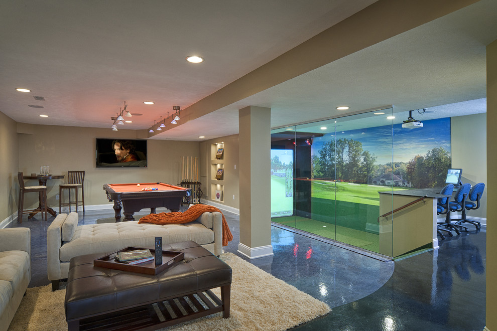 Diseño de sala de estar abierta contemporánea de tamaño medio con paredes beige, suelo de cemento y suelo azul