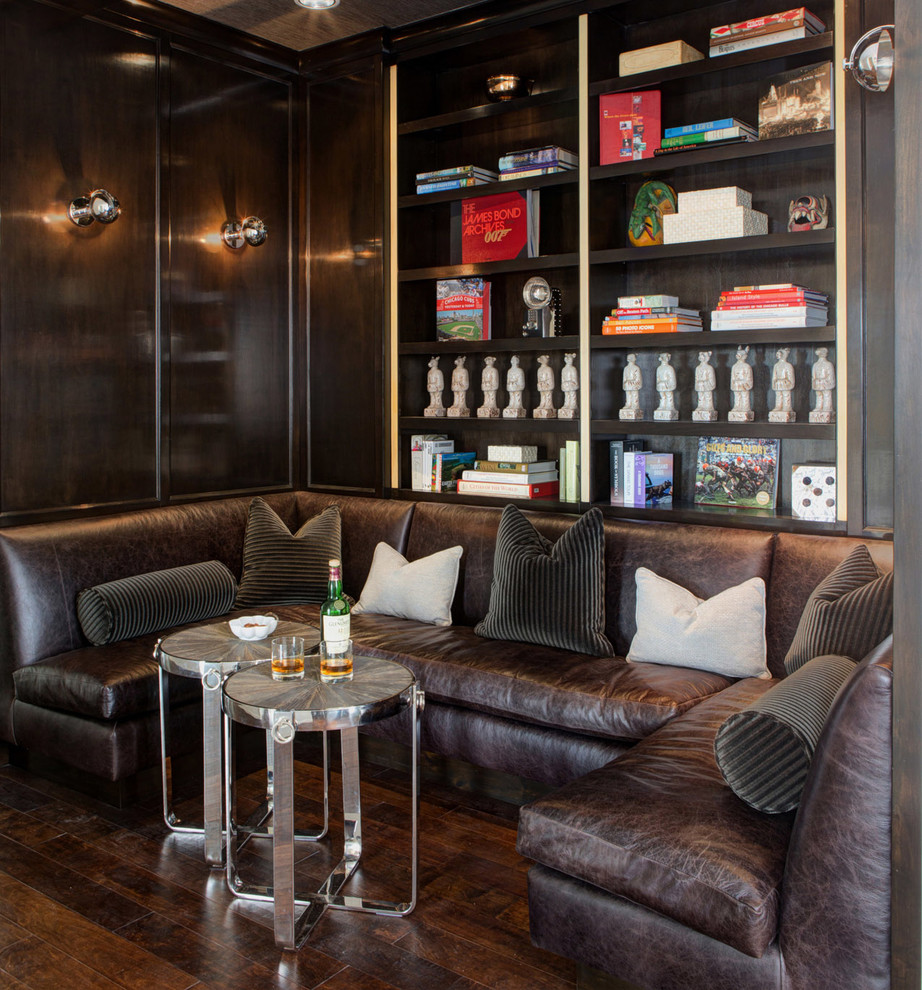 Example of a trendy dark wood floor family room library design in Los Angeles with brown walls