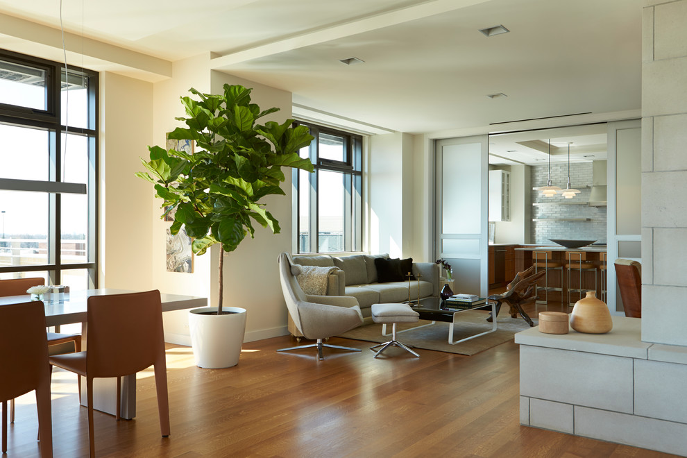 Imagen de sala de estar actual con suelo de madera en tonos medios