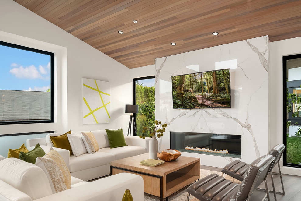 Идея дизайна: гостиная комната в современном стиле с белыми стенами, горизонтальным камином, фасадом камина из камня, телевизором на стене и ковром на полу