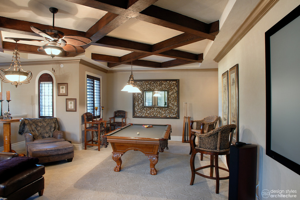 Game room - mediterranean loft-style carpeted game room idea with beige walls