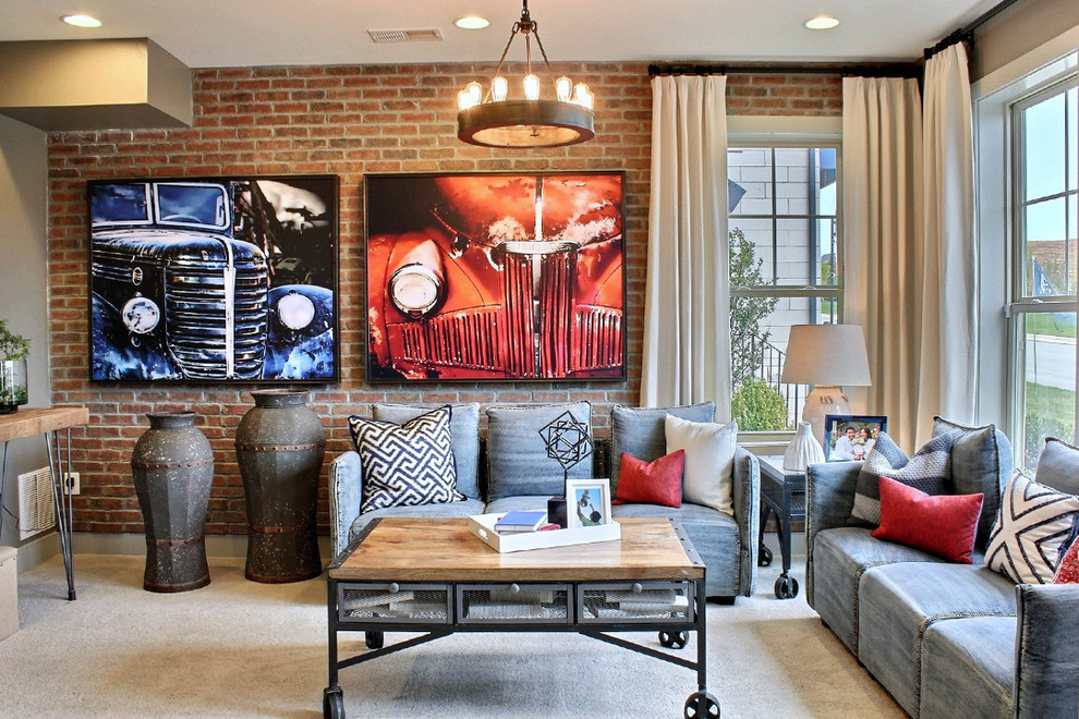 Example of an urban carpeted family room design in DC Metro with beige walls