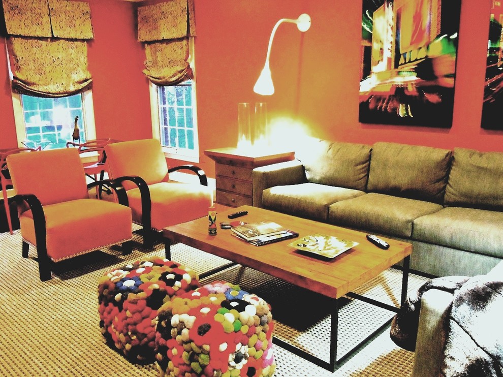 Example of a mid-sized trendy enclosed carpeted family room design in New York with a music area, orange walls, no fireplace and a wall-mounted tv