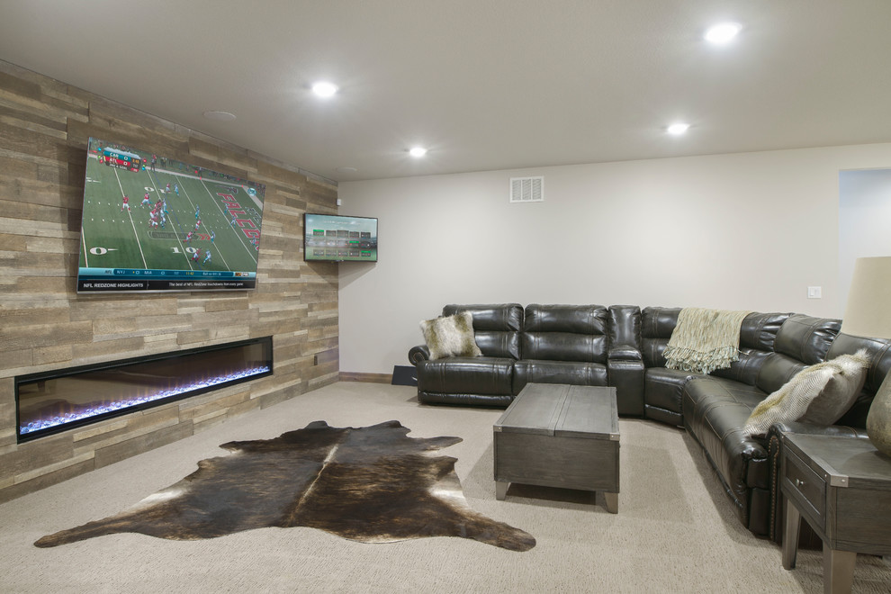 Inspiration for a traditional open plan games room in Wichita with white walls, carpet, a ribbon fireplace, a wooden fireplace surround, a wall mounted tv and beige floors.