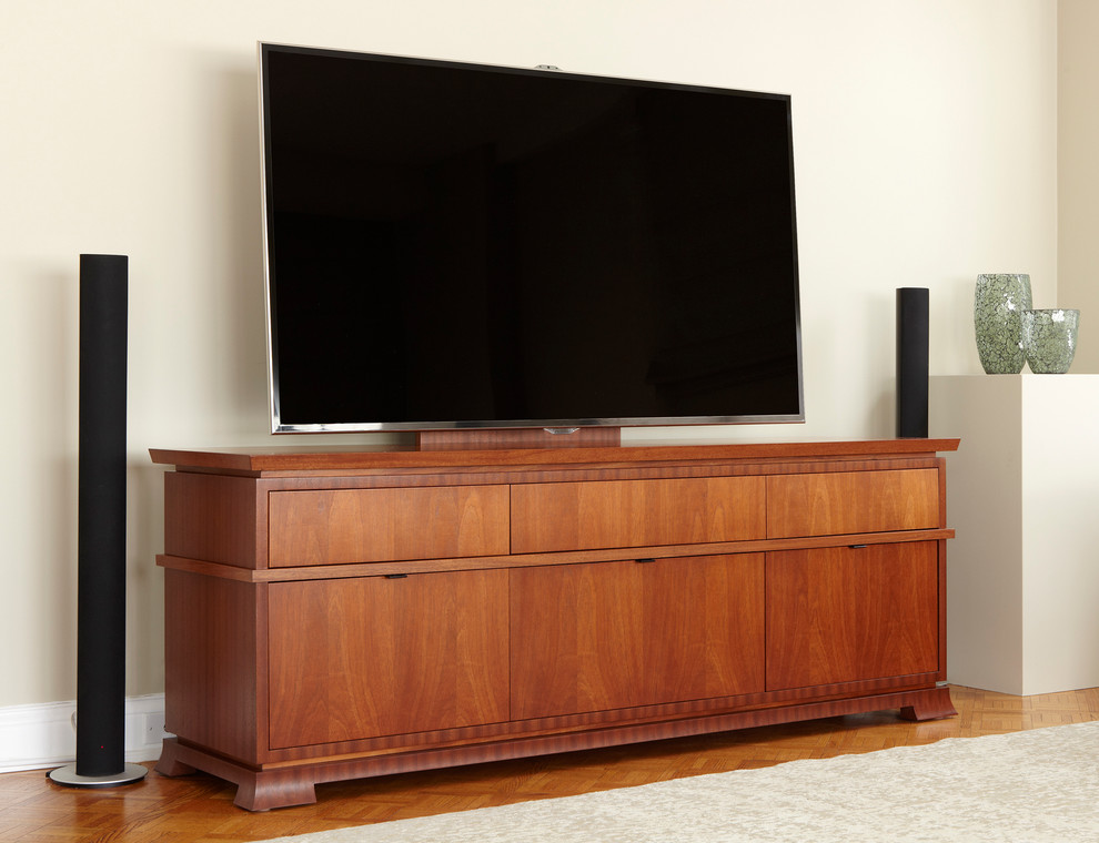 Ejemplo de sala de estar contemporánea de tamaño medio con televisor independiente