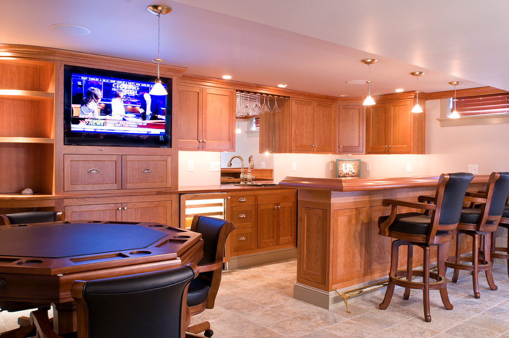 Photo of a medium sized beach style open plan games room in Portland Maine with a game room, white walls, ceramic flooring and a built-in media unit.