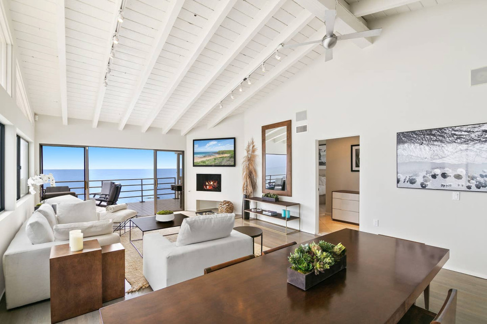 Mid-sized beach style enclosed light wood floor and gray floor family room photo in Los Angeles with white walls, a standard fireplace, a plaster fireplace and a wall-mounted tv