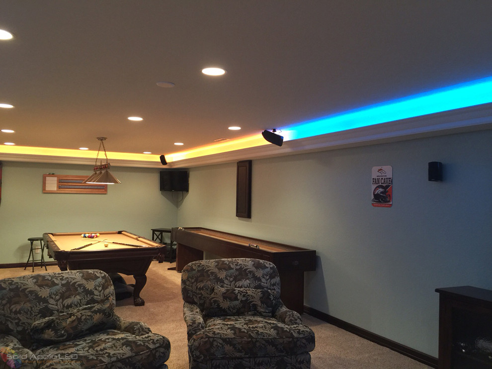 Inspiration for a medium sized contemporary enclosed games room in Seattle with a game room and a wall mounted tv.