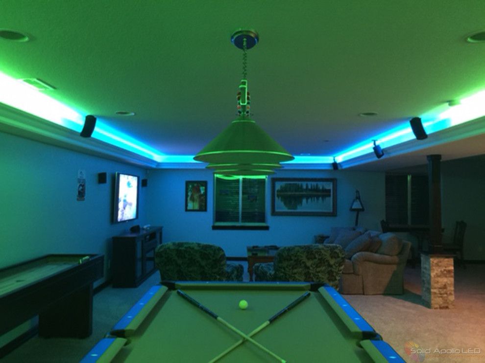 Mid-sized trendy enclosed game room photo in Seattle with a wall-mounted tv