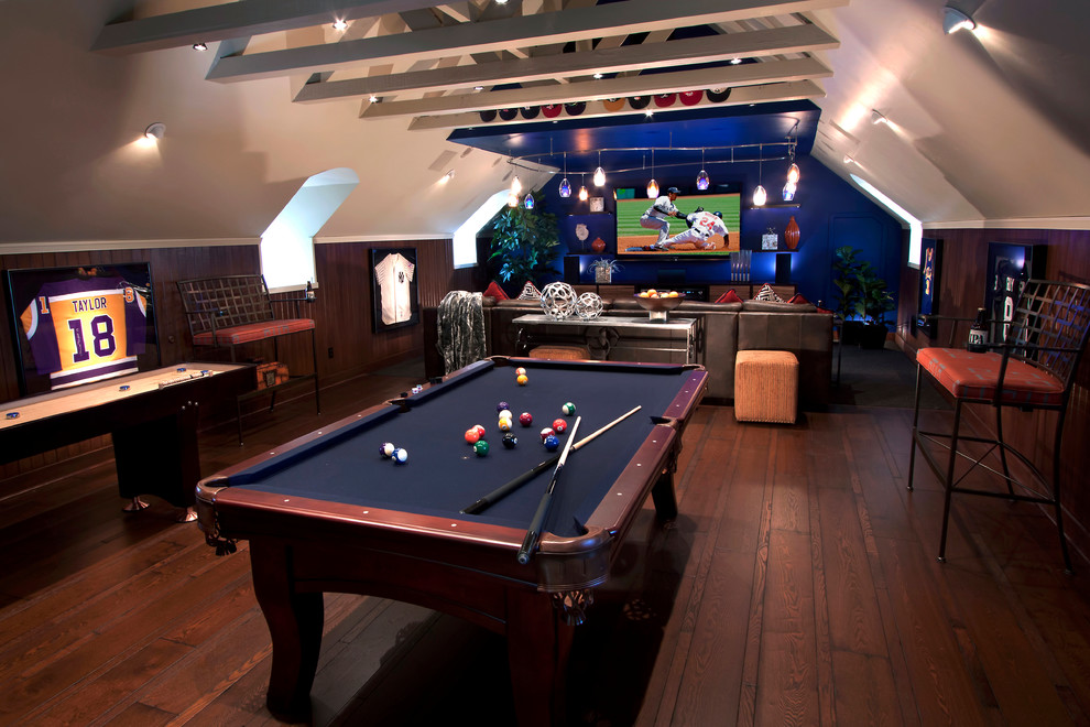 This is an example of a large modern open plan games room in San Francisco with dark hardwood flooring, a game room, beige walls, no fireplace, a wall mounted tv and brown floors.