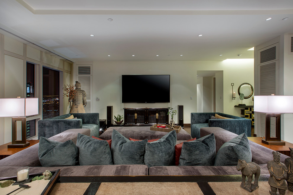 Example of a large asian loft-style family room design in Las Vegas