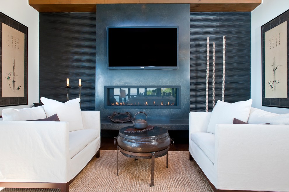 Design ideas for a world-inspired games room in San Francisco with white walls, dark hardwood flooring, a ribbon fireplace, a wall mounted tv and a feature wall.