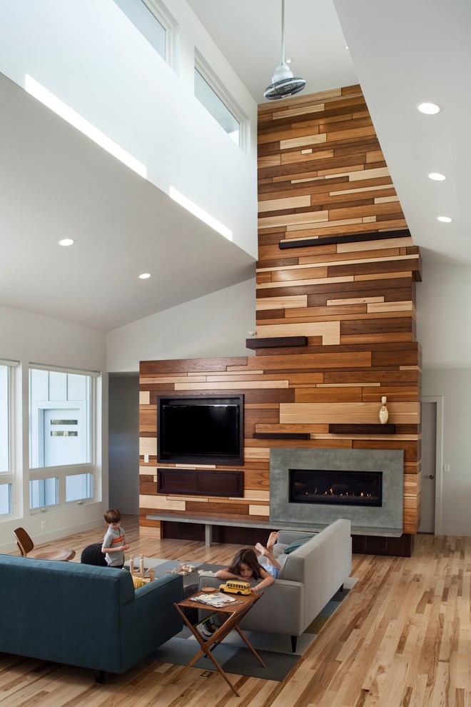 Offenes Modernes Wohnzimmer mit weißer Wandfarbe, braunem Holzboden, Gaskamin und TV-Wand in Omaha
