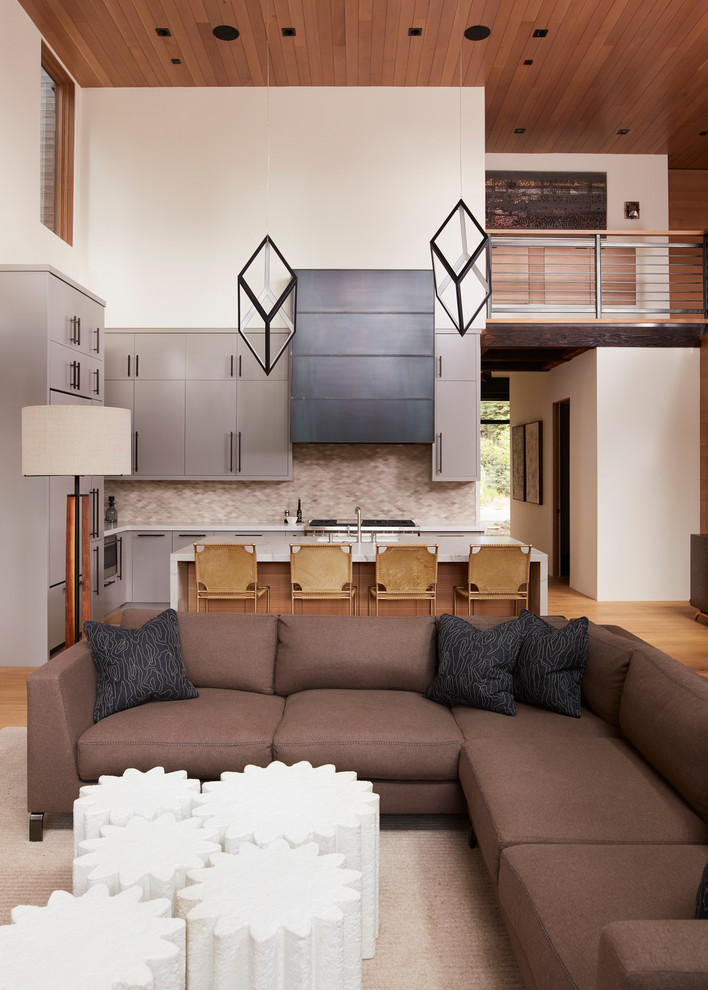 This is an example of a medium sized contemporary open plan games room in San Francisco with beige walls, medium hardwood flooring, a standard fireplace, a concrete fireplace surround, a built-in media unit and brown floors.