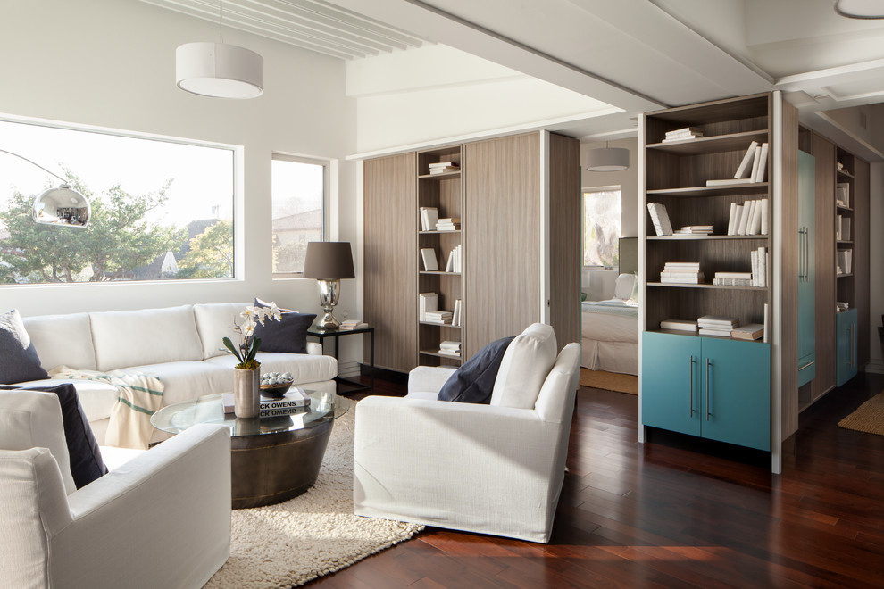 Immagine di un soggiorno contemporaneo con pareti bianche, parquet scuro e tappeto