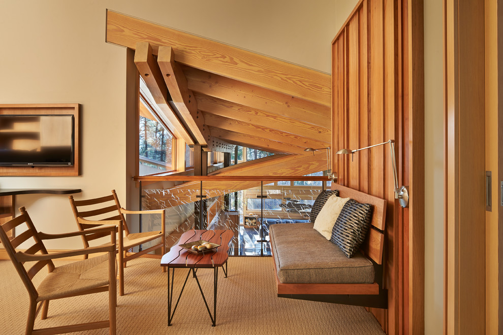 Immagine di un soggiorno contemporaneo di medie dimensioni e stile loft con moquette e TV a parete