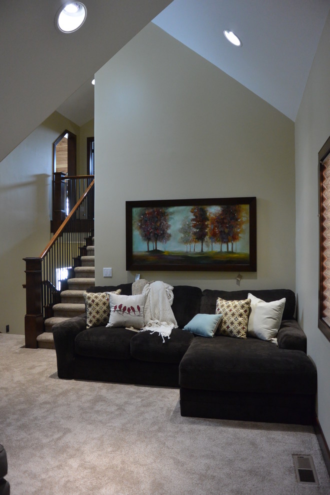 Inspiration for a timeless open concept carpeted family room remodel in Minneapolis with white walls and no fireplace