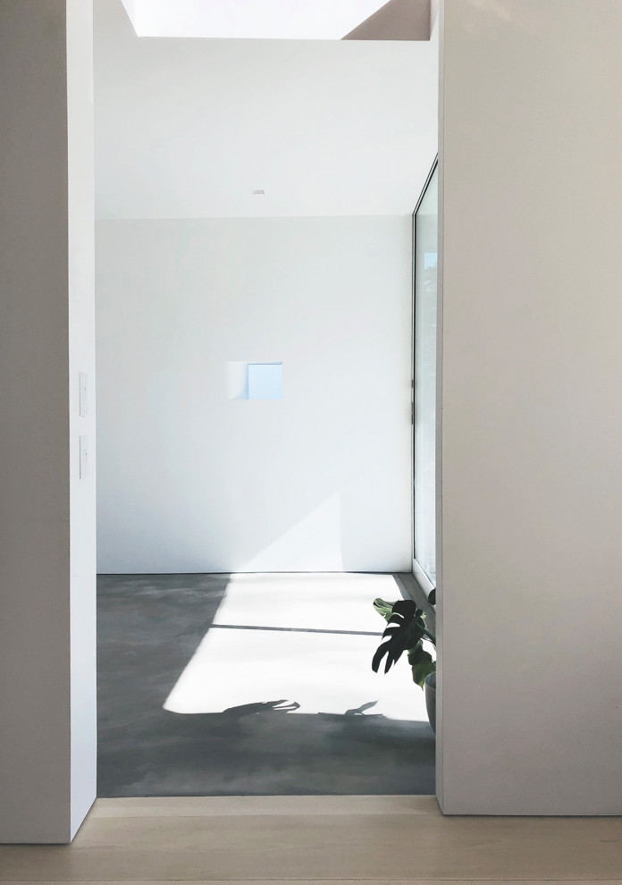 Modelo de sala de estar minimalista de tamaño medio con paredes blancas, suelo de cemento y suelo gris
