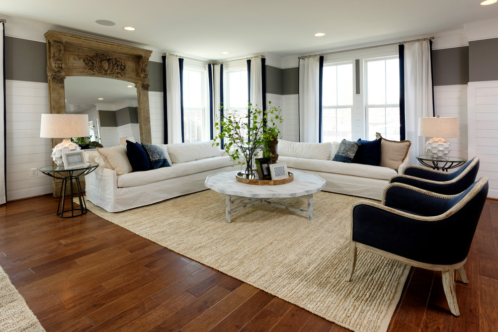 Huge beach style open concept vinyl floor and brown floor family room photo in DC Metro with multicolored walls, a ribbon fireplace, a wood fireplace surround and a wall-mounted tv