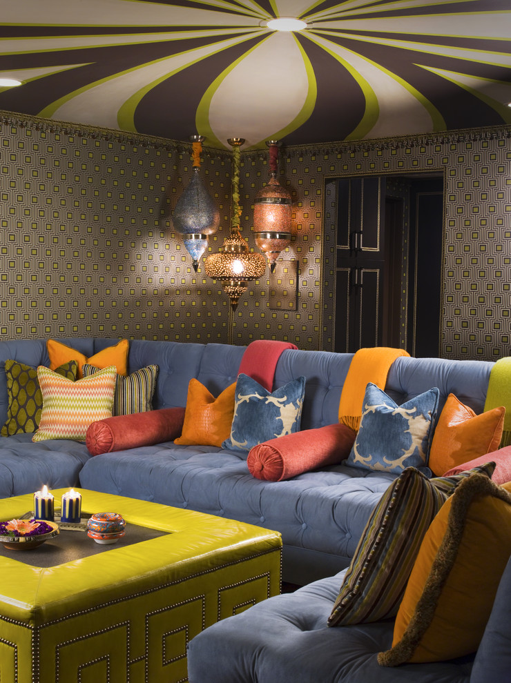Family room - eclectic family room idea in Los Angeles with multicolored walls