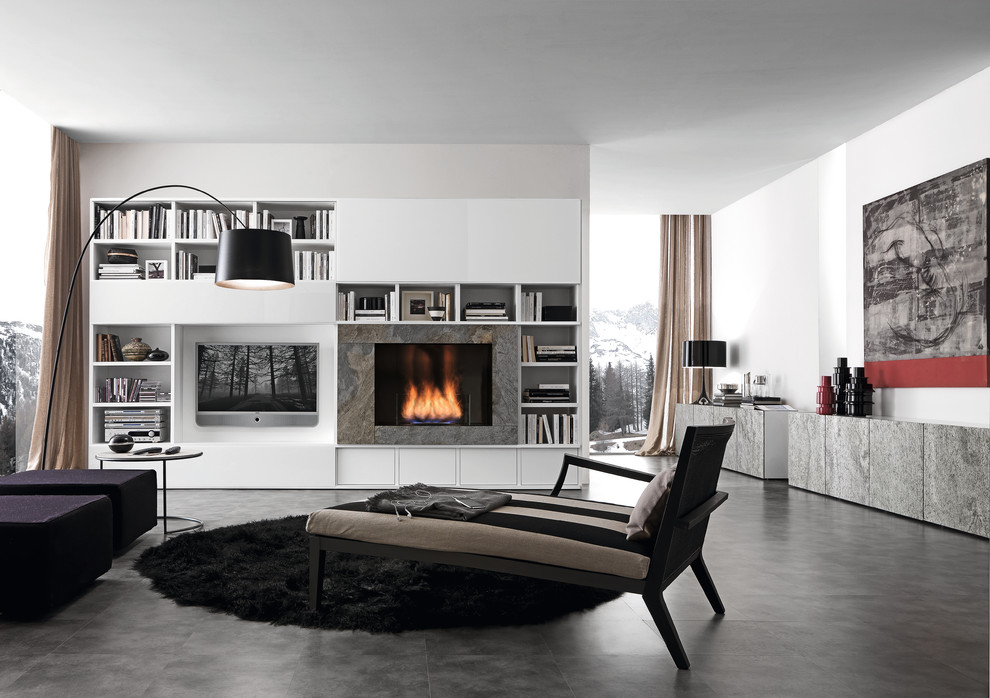 Inspiration for a modern open concept family room remodel in Philadelphia with white walls, a media wall and a ribbon fireplace