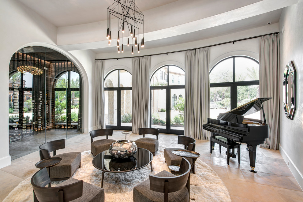 Photo of a classic enclosed games room in Houston with a music area, grey walls and beige floors.