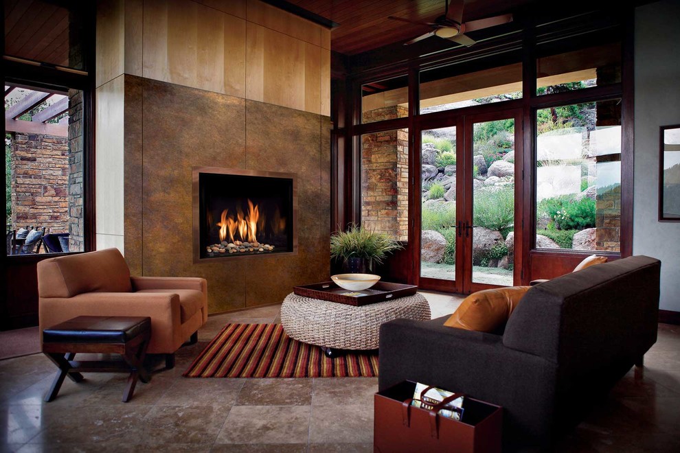Medium sized modern games room in Other with a standard fireplace and a metal fireplace surround.