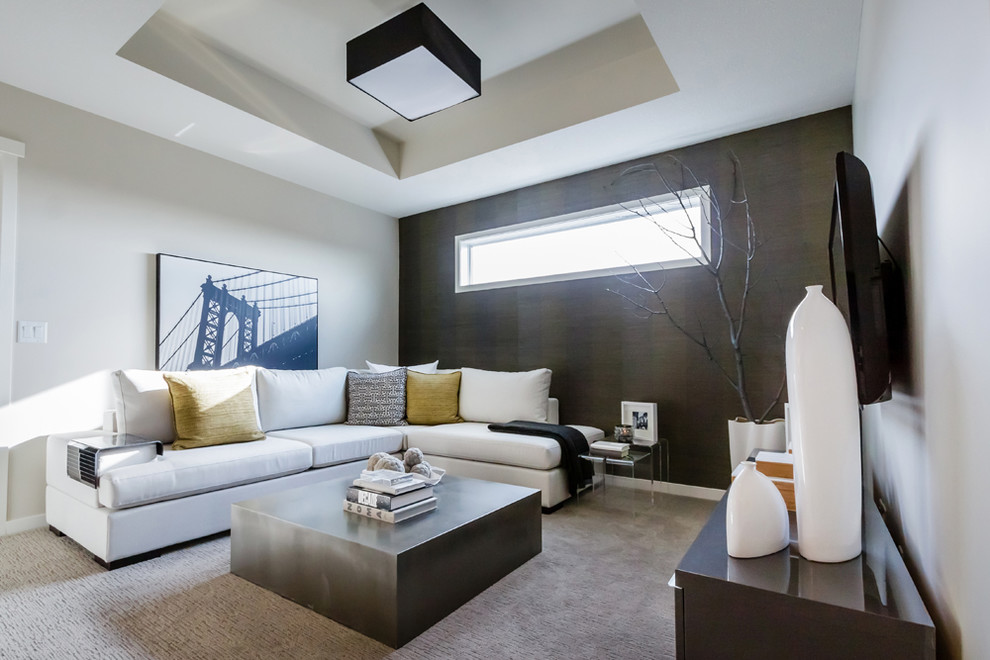 Foto de sala de estar minimalista con paredes grises, moqueta y televisor colgado en la pared
