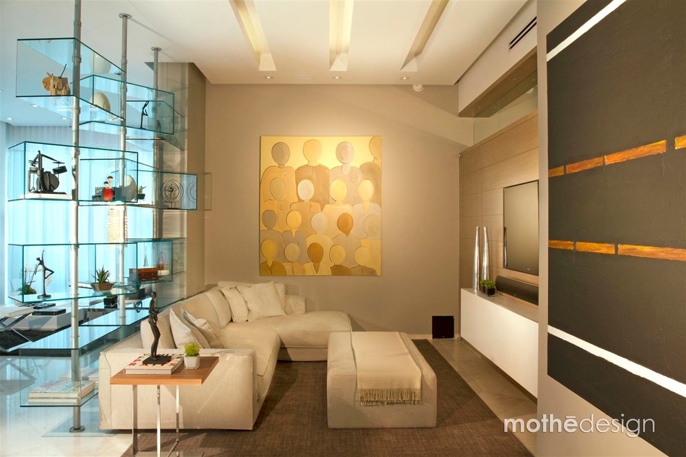 Идея дизайна: открытая гостиная комната среднего размера в современном стиле с серыми стенами