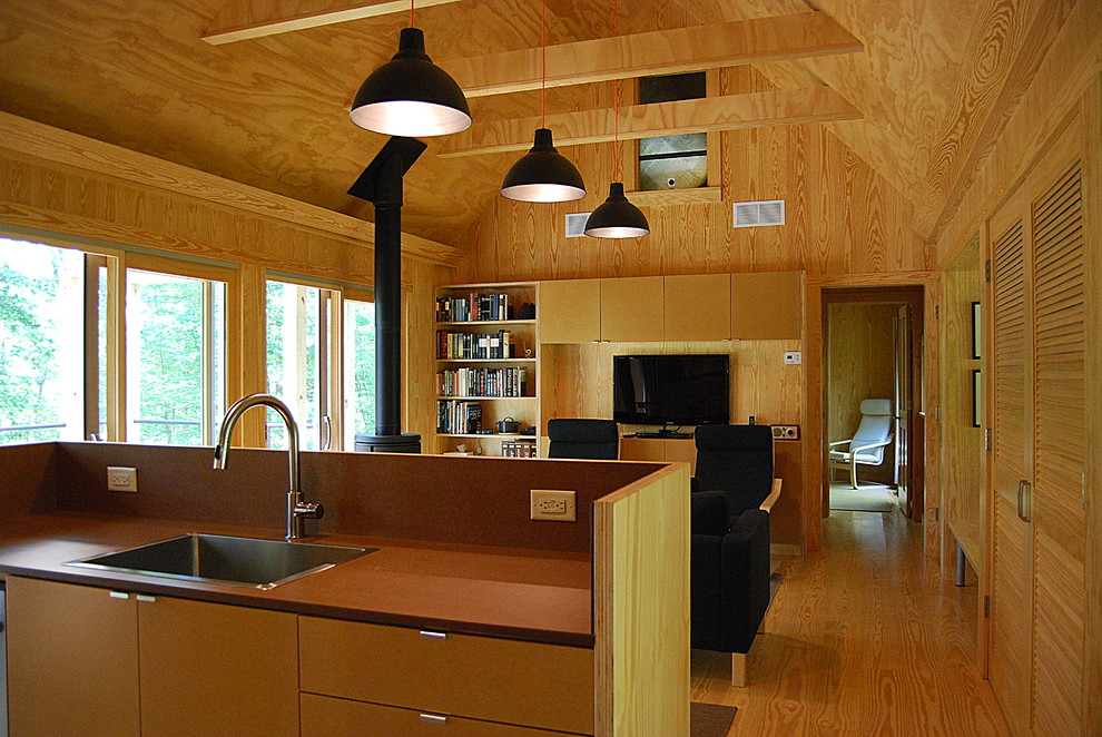 Modernes Wohnzimmer mit braunem Holzboden in Washington, D.C.
