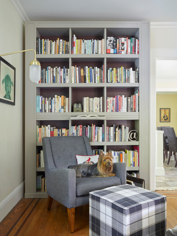 Mid-sized 1950s open concept dark wood floor family room library photo in New York with no fireplace and no tv