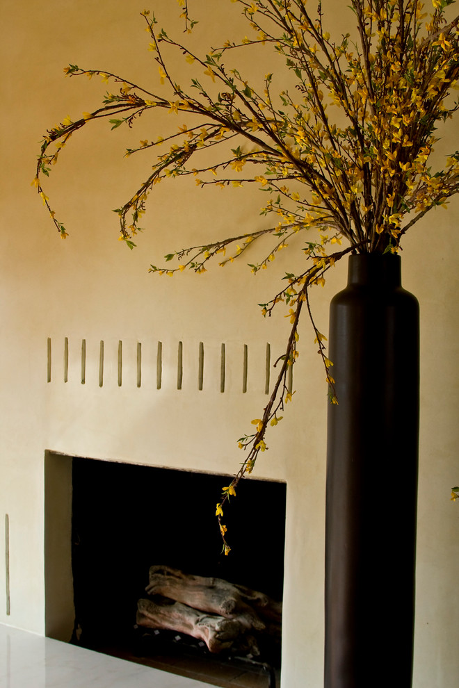 Esempio di un piccolo soggiorno design chiuso con pareti beige, parquet scuro, camino classico e cornice del camino in intonaco